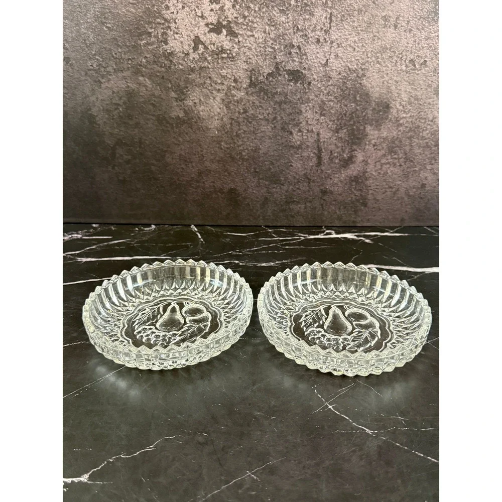 VTG PAIR (2) Pressed Glass EAPG Wine Champagne Coasters Sawtooth Edge Fruits